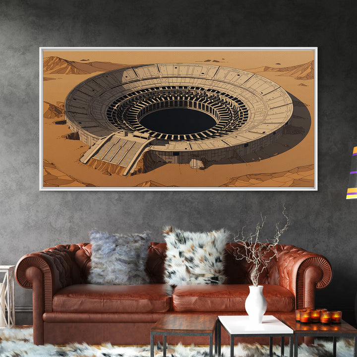 Desert Colosseum Canvas Print, Futuristic Arena Landscape, Beige Wall Art, Architectural Decor, Modern Office Art For Living Room