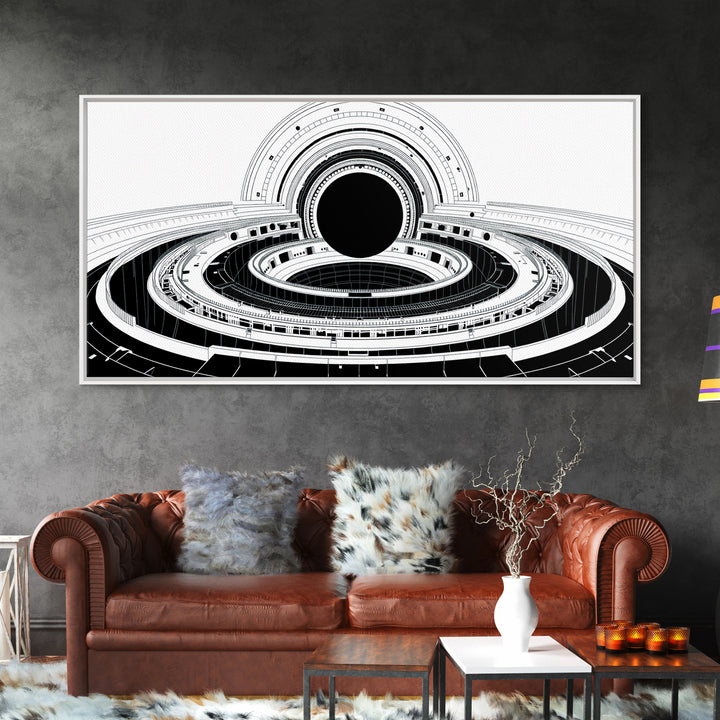 Monochrome Space Station Wall Art, Black And White Futuristic Architecture, Minimalist Canvas Print, Modern Office Decor