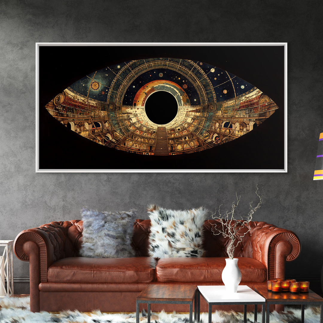 Celestial Observatory Eye Canvas Print, Ornate Cosmic Library Wall Art, Black Gold Sci Fi Decor, Mystical Statement Piece