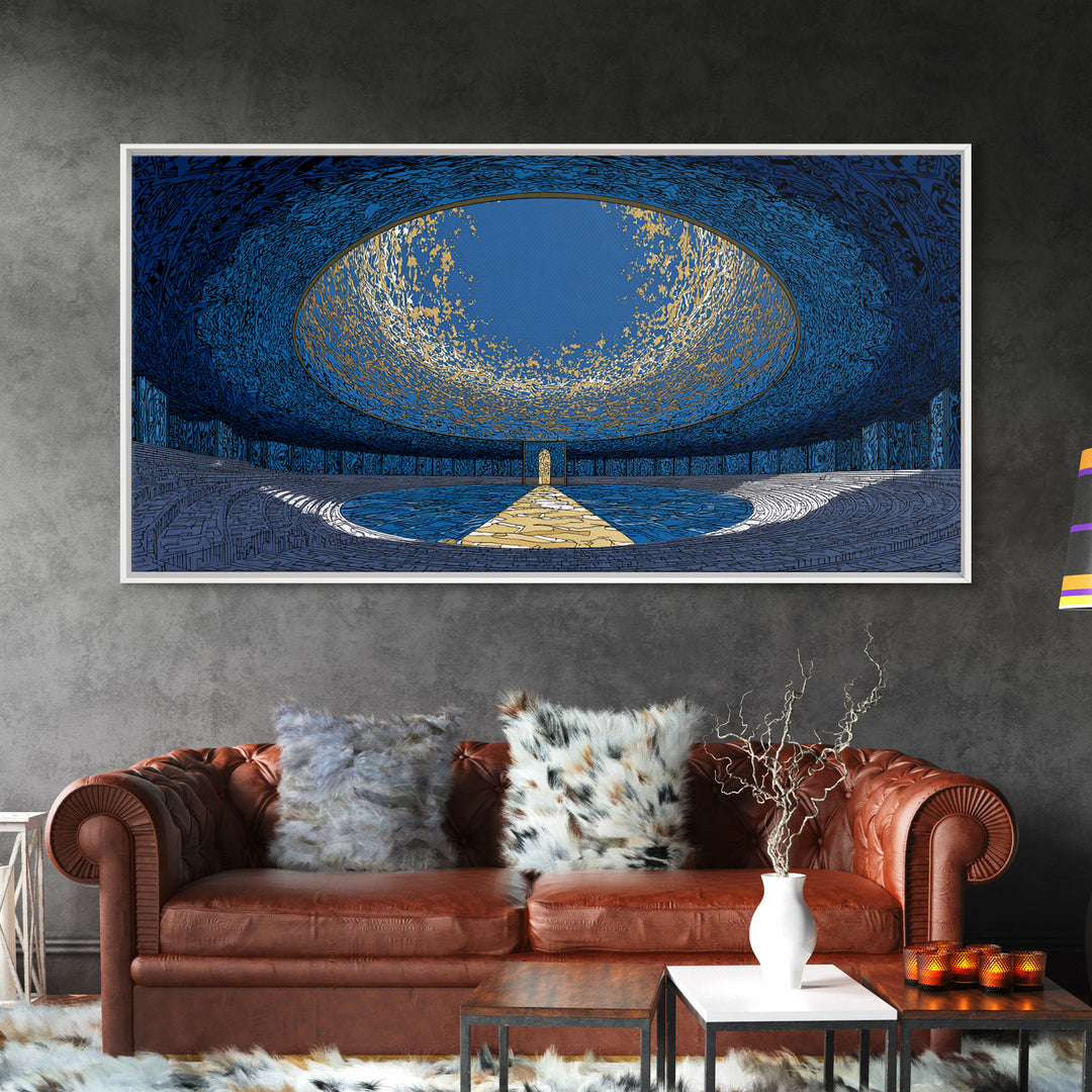 Blue Portal Chamber Wall Art, Futuristic Circular Architecture, Gold Path Canvas Print, Modern Abstract Office Decor Statement Piece