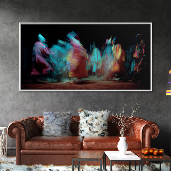 Blurred African Dancers In Jewel Robes Wall Art, Afrocentric Dance Canvas, Cultural Home Decor, Vibrant Tribal Art Print