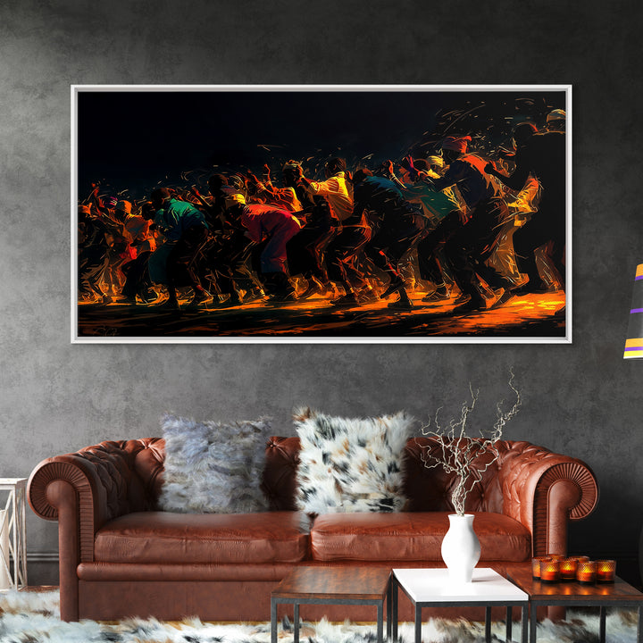 Golden Line Of African Dancers Canvas Print, Black Culture Art, Afrocentric Wall Decor, Vibrant Movement Painting, Cultural Art