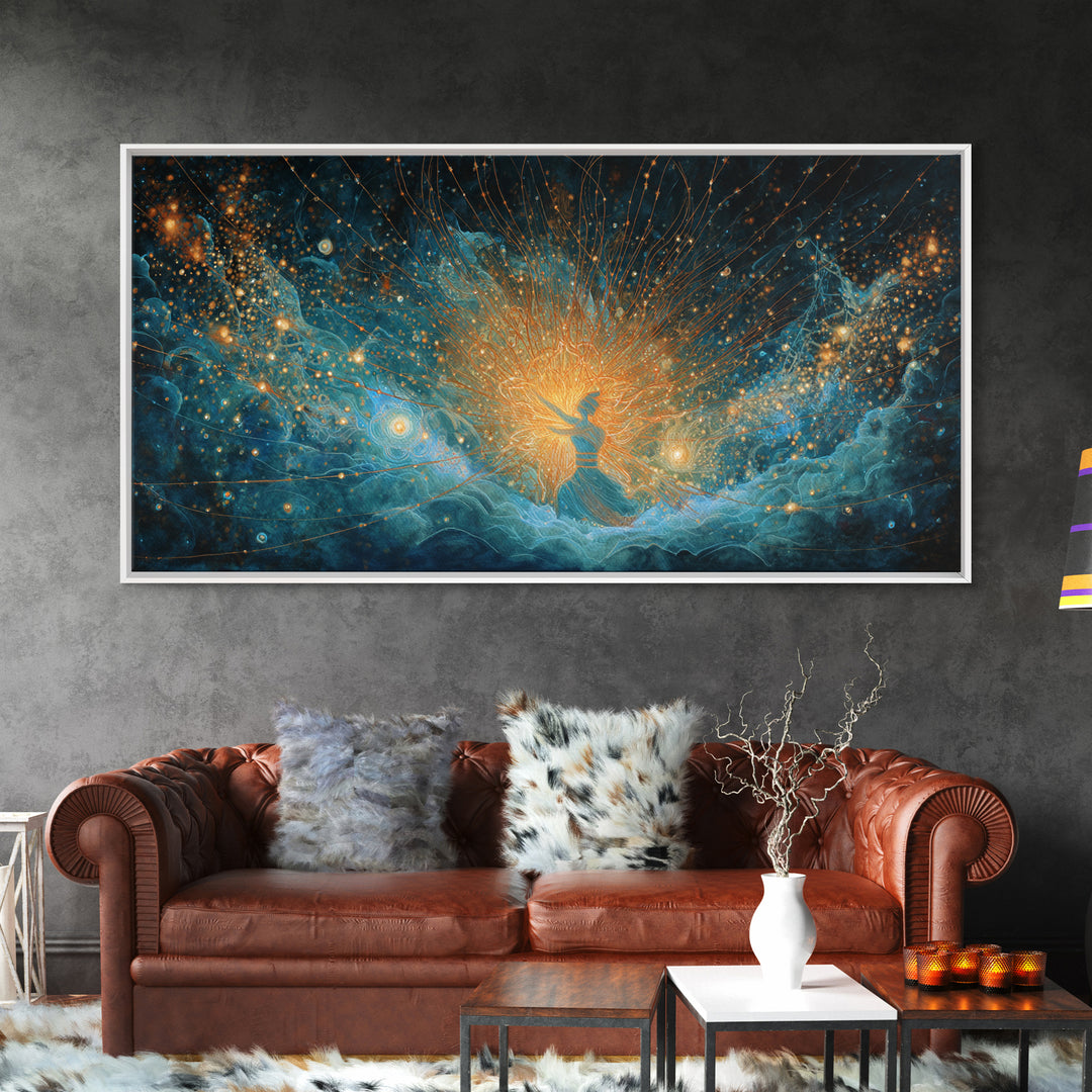Cosmic African Goddess In Blue Gold Light Wall Art, Spiritual Afrocentric Decor, Mystical Woman Canvas, Dreamy Art Print