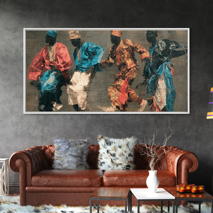 Four African Dancers In Colorful Robes Canvas Print, Tribal Culture Wall Art, Ankara Inspired Decor, Afrocentric Art Gift