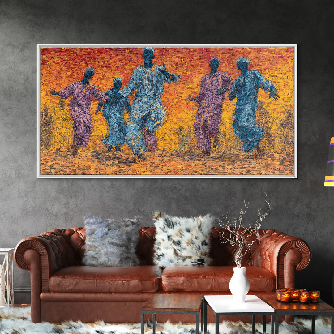 African Dancers At Sunset Wall Art, Colorful Afrocentric Celebration Print, Tribal Culture Decor, Vibrant Living Room Canvas
