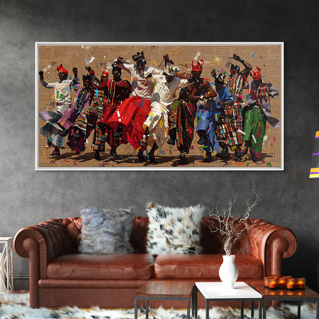 Traditional African Dance Ceremony Wall Art, Colorful Tribal Festival Print, Afrocentric Culture Decor, Patterned Costume Canvas