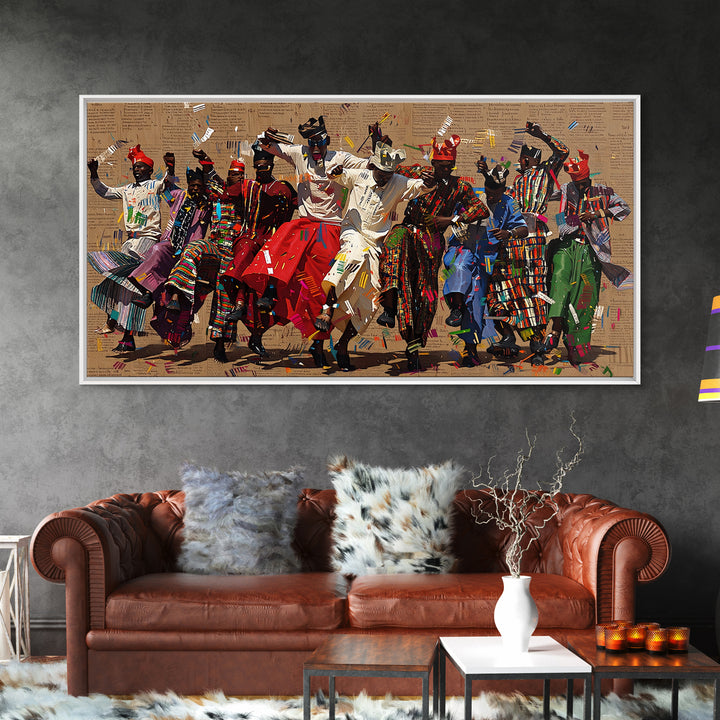 Traditional African Dance Ceremony Wall Art, Colorful Tribal Festival Print, Afrocentric Culture Decor, Patterned Costume Canvas