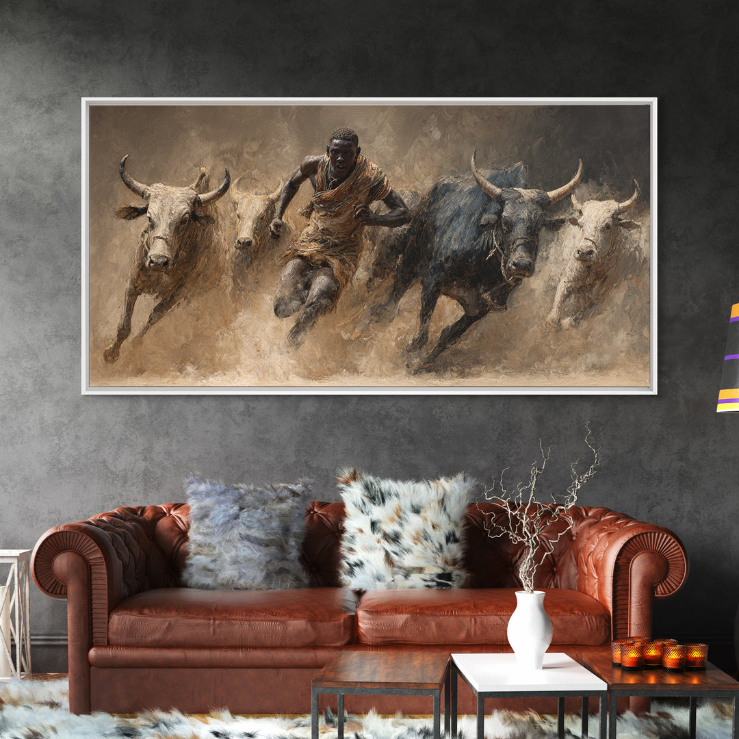 African Bull Runner Canvas Print, Dusty Cattle Race Painting, Warrior Culture Wall Decor, Rustic Safari Art For Living Room