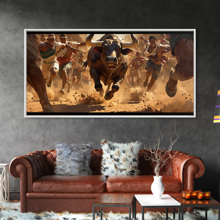 Charging Bull Race Framed Canvas Print, African Warrior Runners, Dusty Safari Action Art, Bold Cultural Living Room Decor