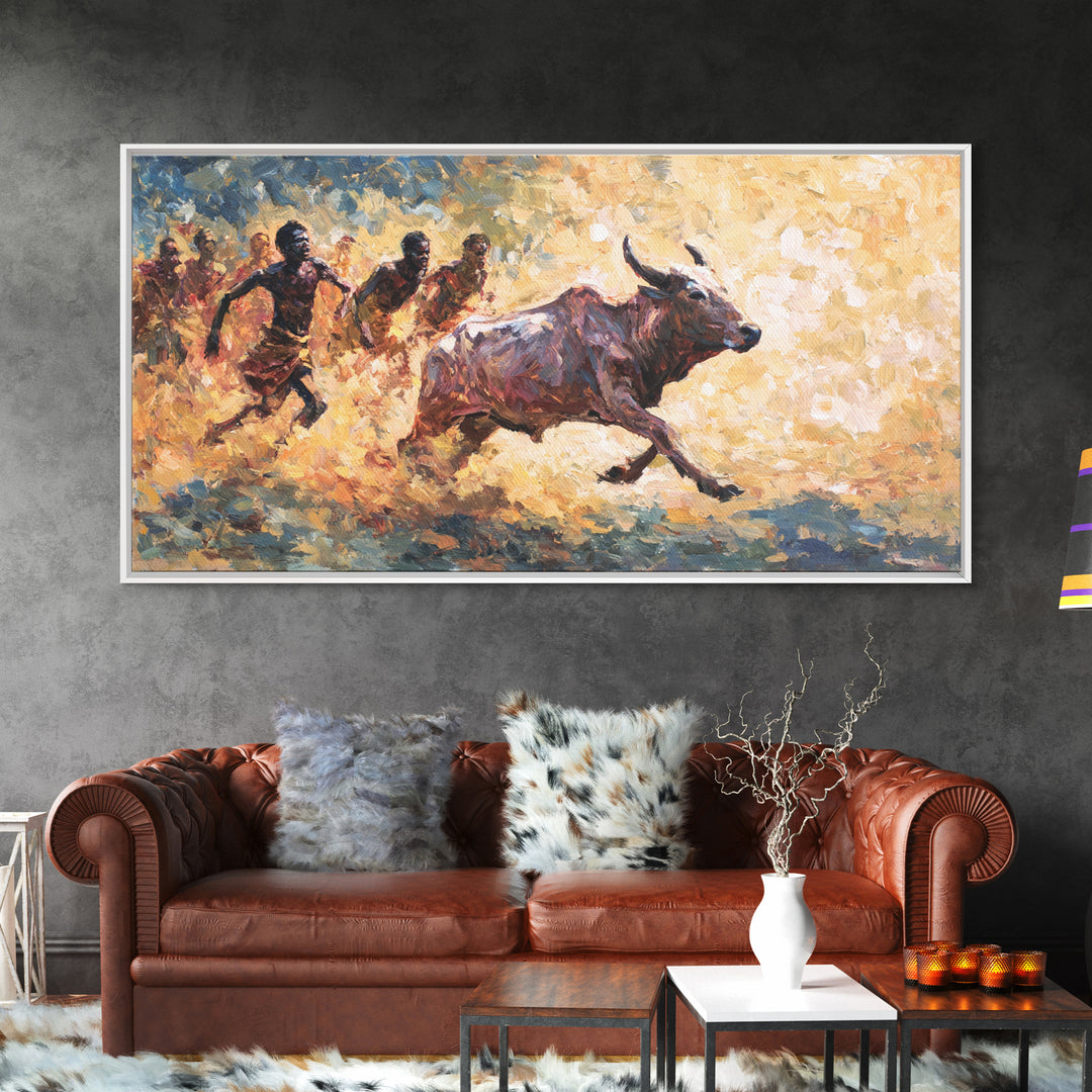 Painterly African Bull Chase Canvas Print, Sunlit Cattle Race With Runners, Rustic Safari Decor, Dynamic Cultural Wall Art