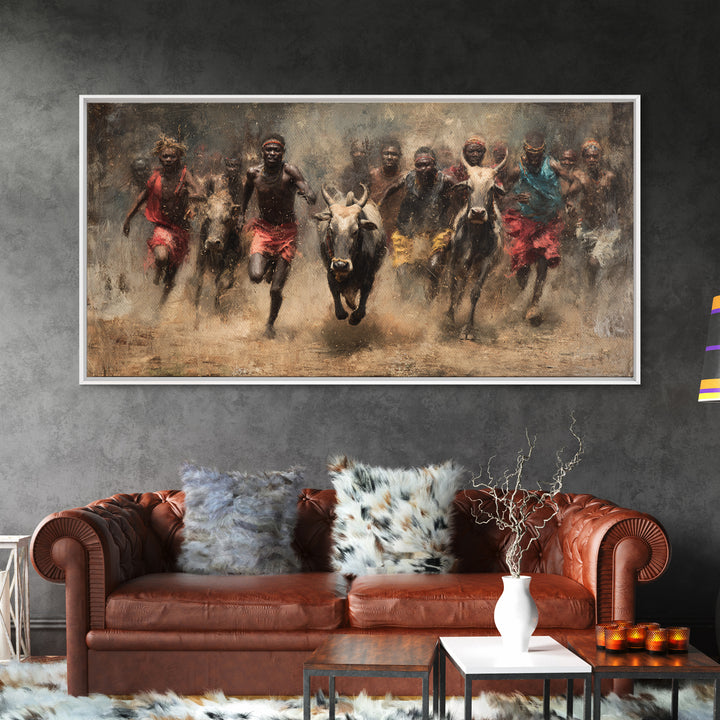 African Cattle Race Wall Art, Tribal Runners In Dusty Motion, Dramatic Safari Painting, Rustic Culture Decor For Home And Office