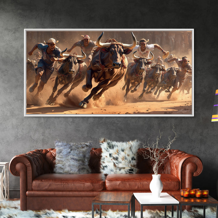 Charging African Bulls Framed Canvas Print, Runners And Dusty Arena, Bold Safari Action Wall Decor, Cultural Home Statement