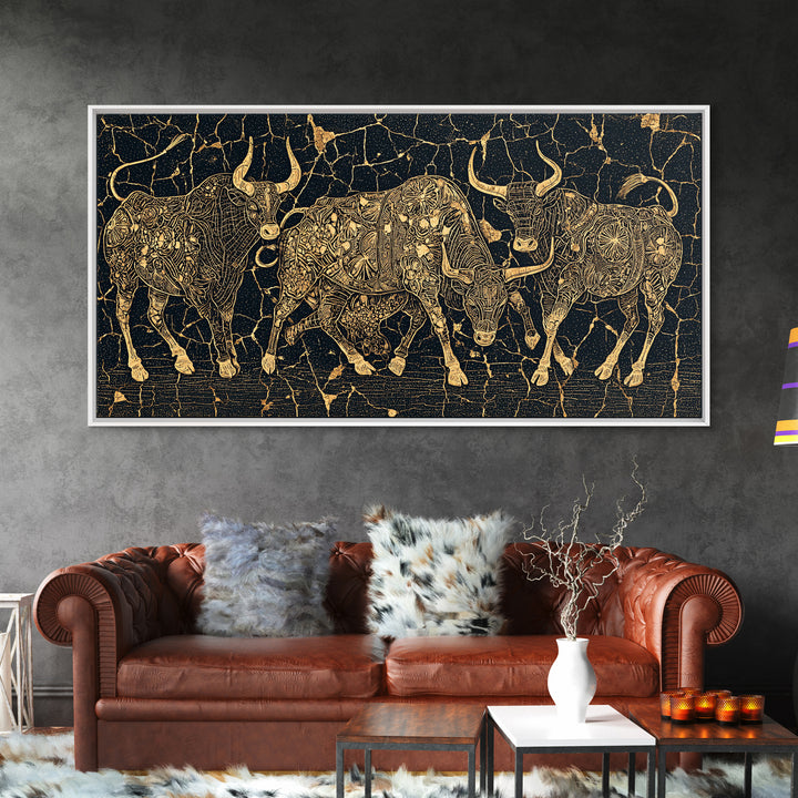 Gold Line Cattle On Black Wall Art, African Inspired Bull Illustration, Geometric Crackle Texture Decor, Luxury Canvas Print