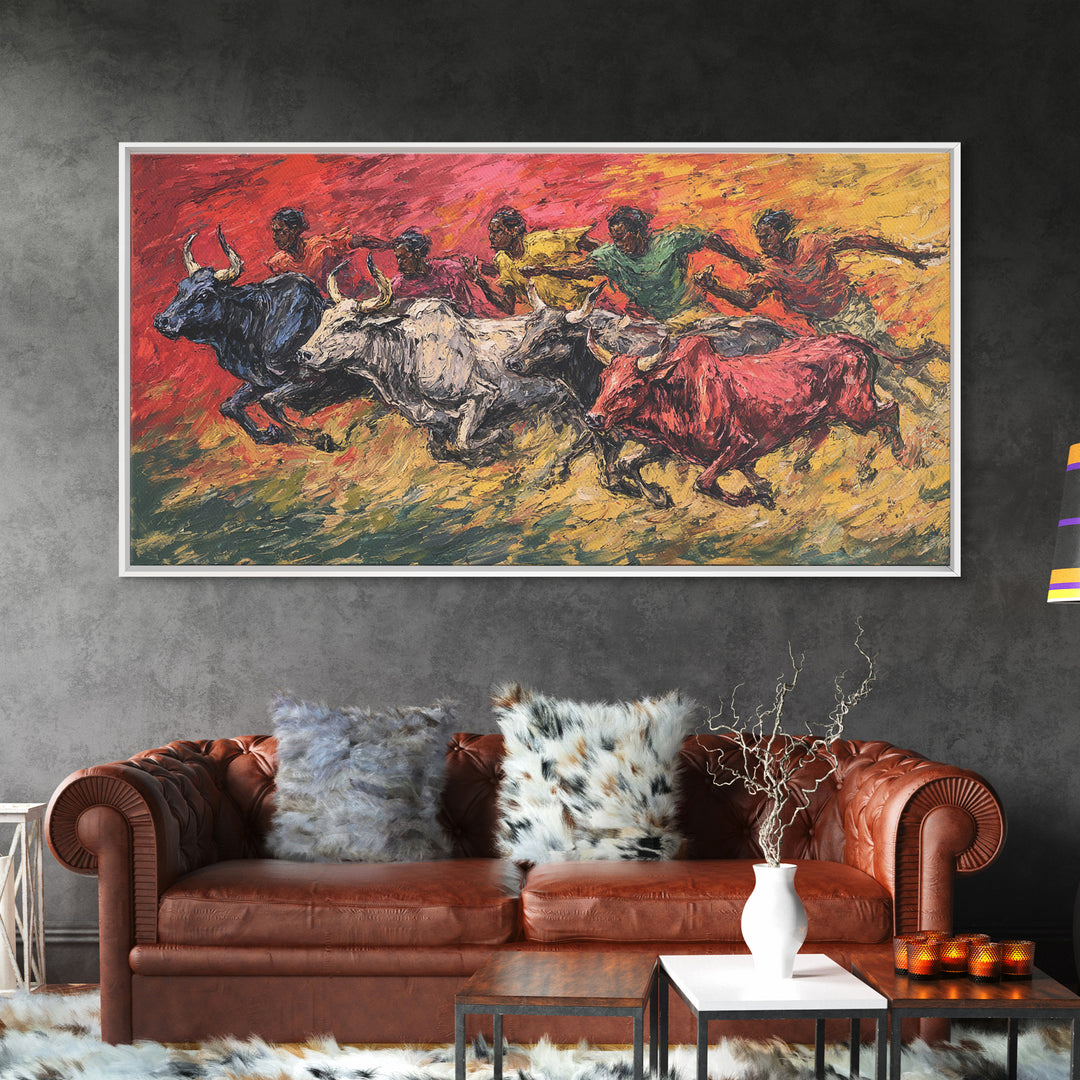 Colorful African Bull Race Canvas Print, Expressive Tribal Runners, Sunset Safari Painting, Bright Vibrant Cultural Wall Decor