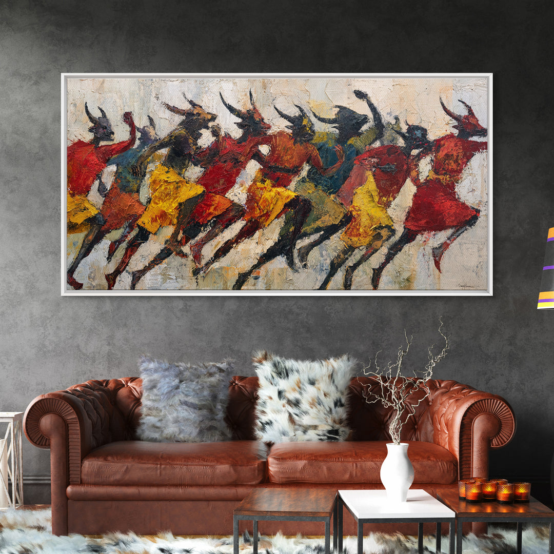 Horned Dancers In Red And Gold, African Warrior Art Canvas Print, Tribal Culture Wall Decor, Afrocentric Home Decor, Statement Piece