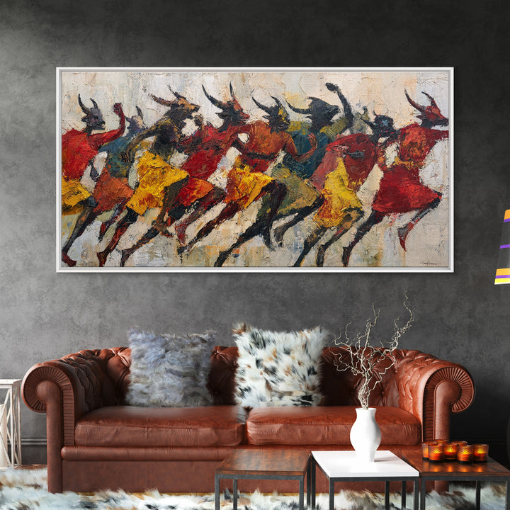 Horned Dancers In Red And Gold, African Warrior Art Canvas Print, Tribal Culture Wall Decor, Afrocentric Home Decor, Statement Piece