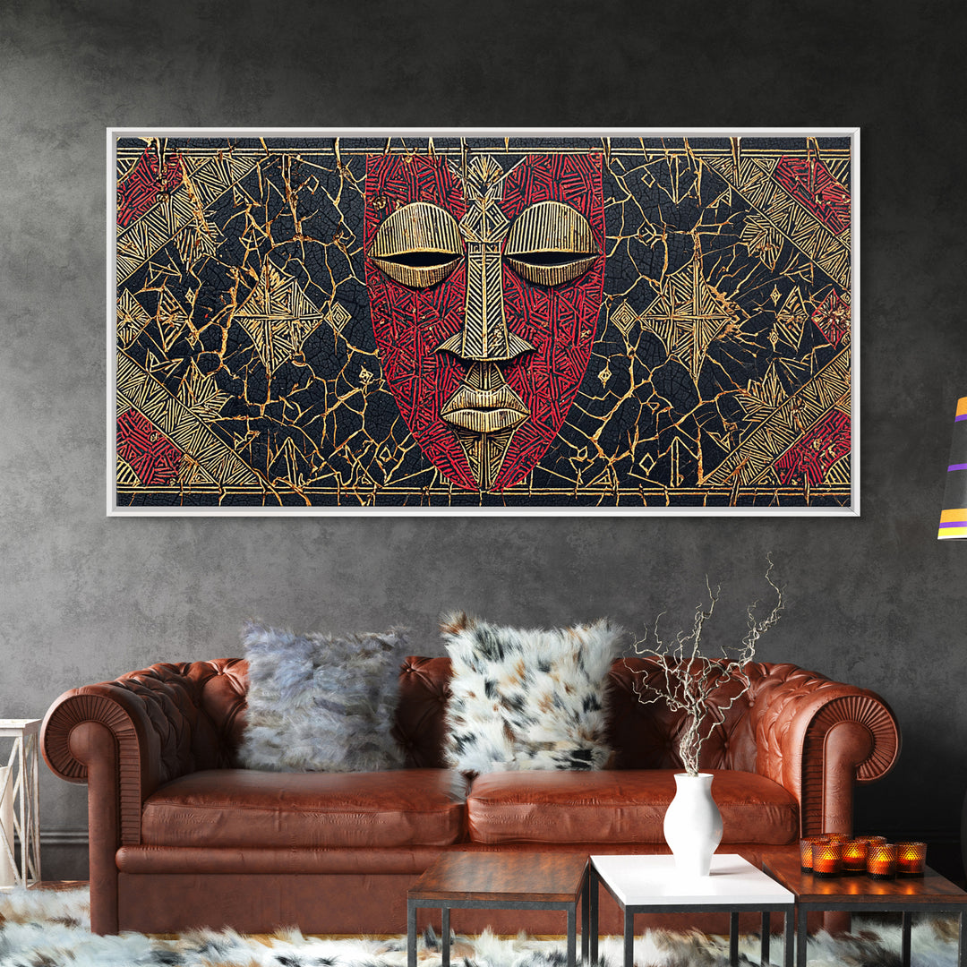 Red African Mask With Gold Geometric Pattern, Framed Canvas Print, Tribal Mask Canvas, Cultural Wall Decor Gift For Home