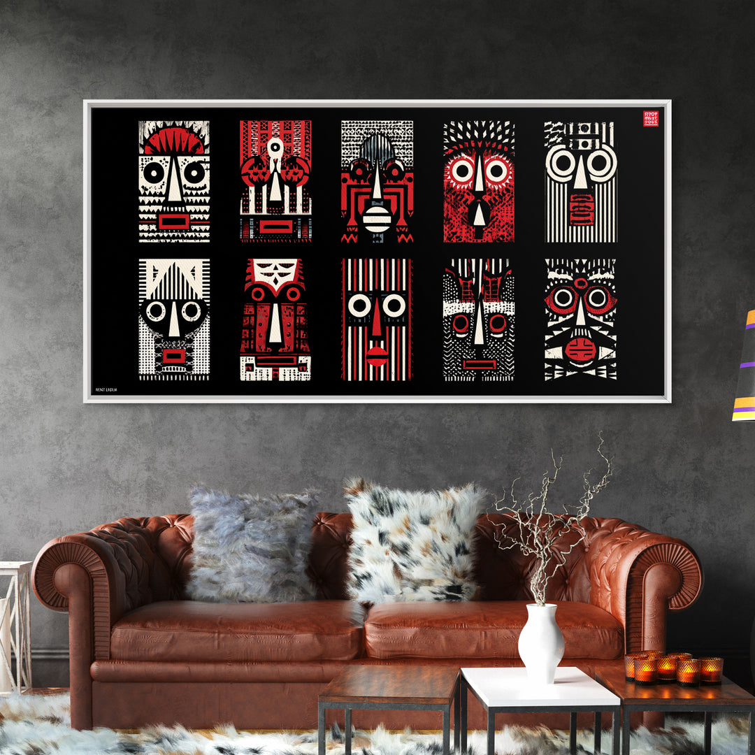 Nine Graphic Red Black And White African Masks, Wall Art, Tribal Mask Canvas, Afrocentric Decor, Bold Modern Pattern Print Set