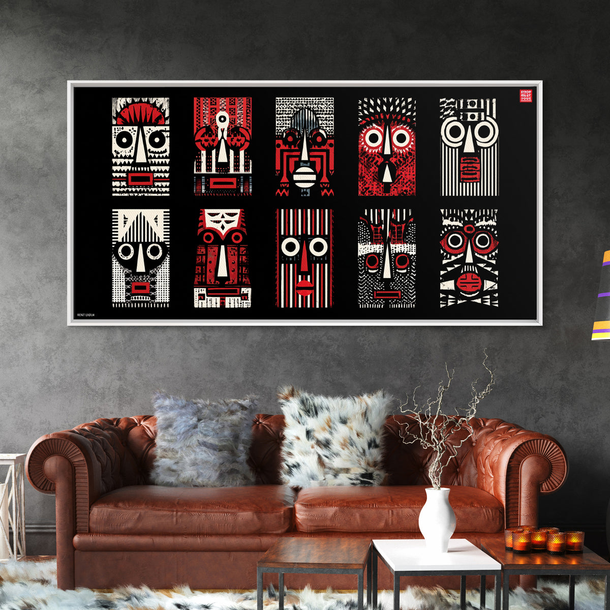 Nine Graphic Red Black And White African Masks, Wall Art, Tribal Mask Canvas, Afrocentric Decor, Bold Modern Pattern Print Set