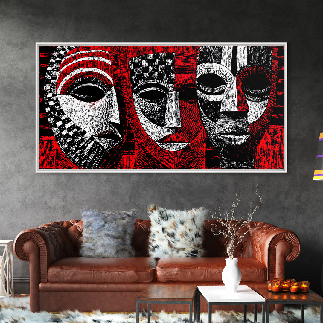 Three Red Black And White African Masks, Canvas Print, Tribal Mask Art, Abstract African Art Decor, Statement Wall Decor Gift