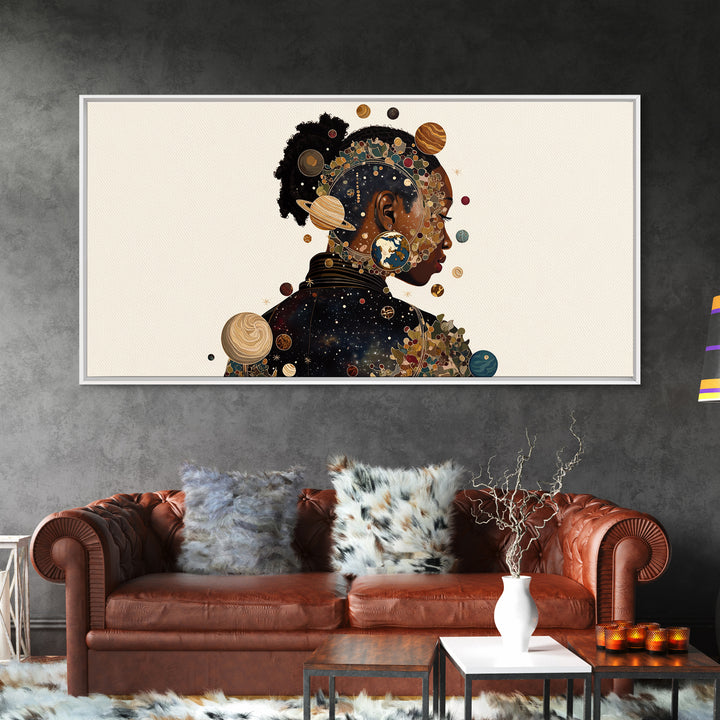 Cosmic Black Woman Profile With Planets, African American Art Framed Canvas Print, Afrocentric Wall Decor, Melanin Gift For Her