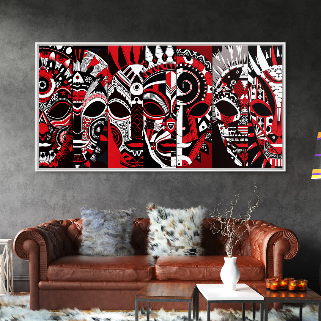 Overlapping Red Tribal Masks In Bold Pattern, African Mask Wall Art, Afrocentric Decor, Contemporary Canvas Print, Home Decor Gift