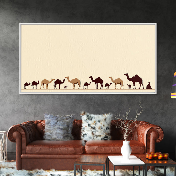 Minimalist Camel Caravan Silhouettes, African Safari Art Canvas Print, Desert Wall Art, Neutral Boho Living Room Decor Gift