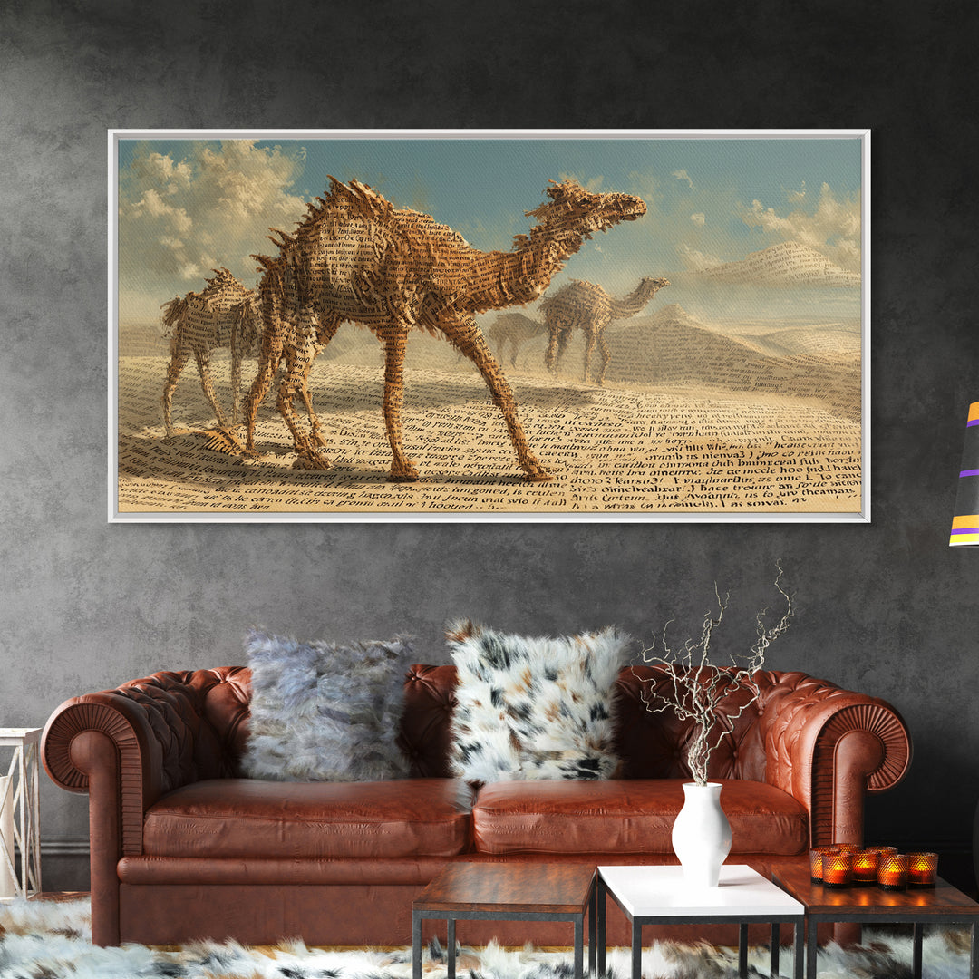 Desert Camel Caravan In Script Texture Canvas Print, African Safari Art, Earth Tone Wall Decor, Boho Living Room Art Gift