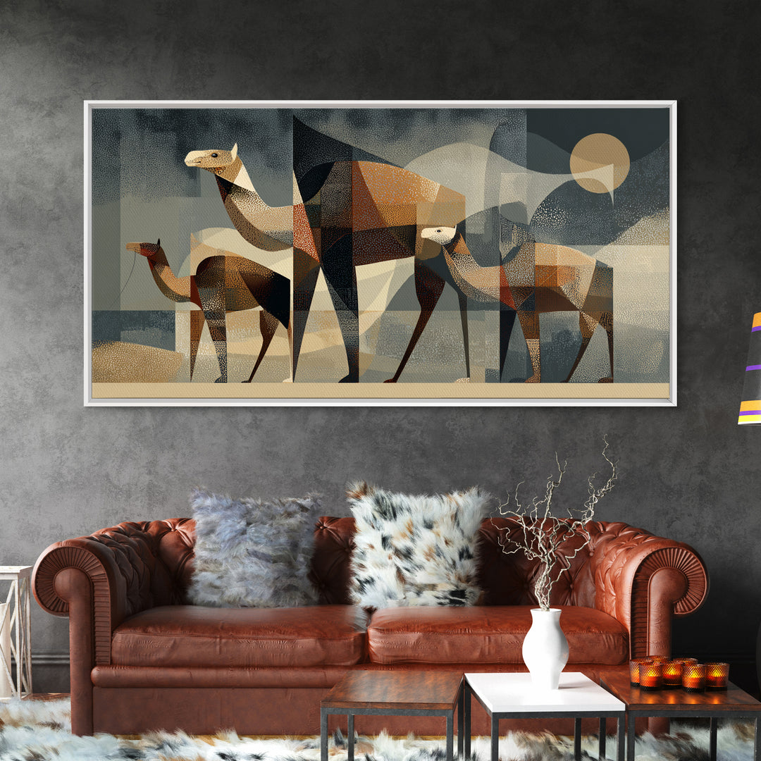 Geometric Camel Family In Desert Framed Canvas Print, Abstract African Art, Modern Safari Wall Decor, Earth Tone Home Decor