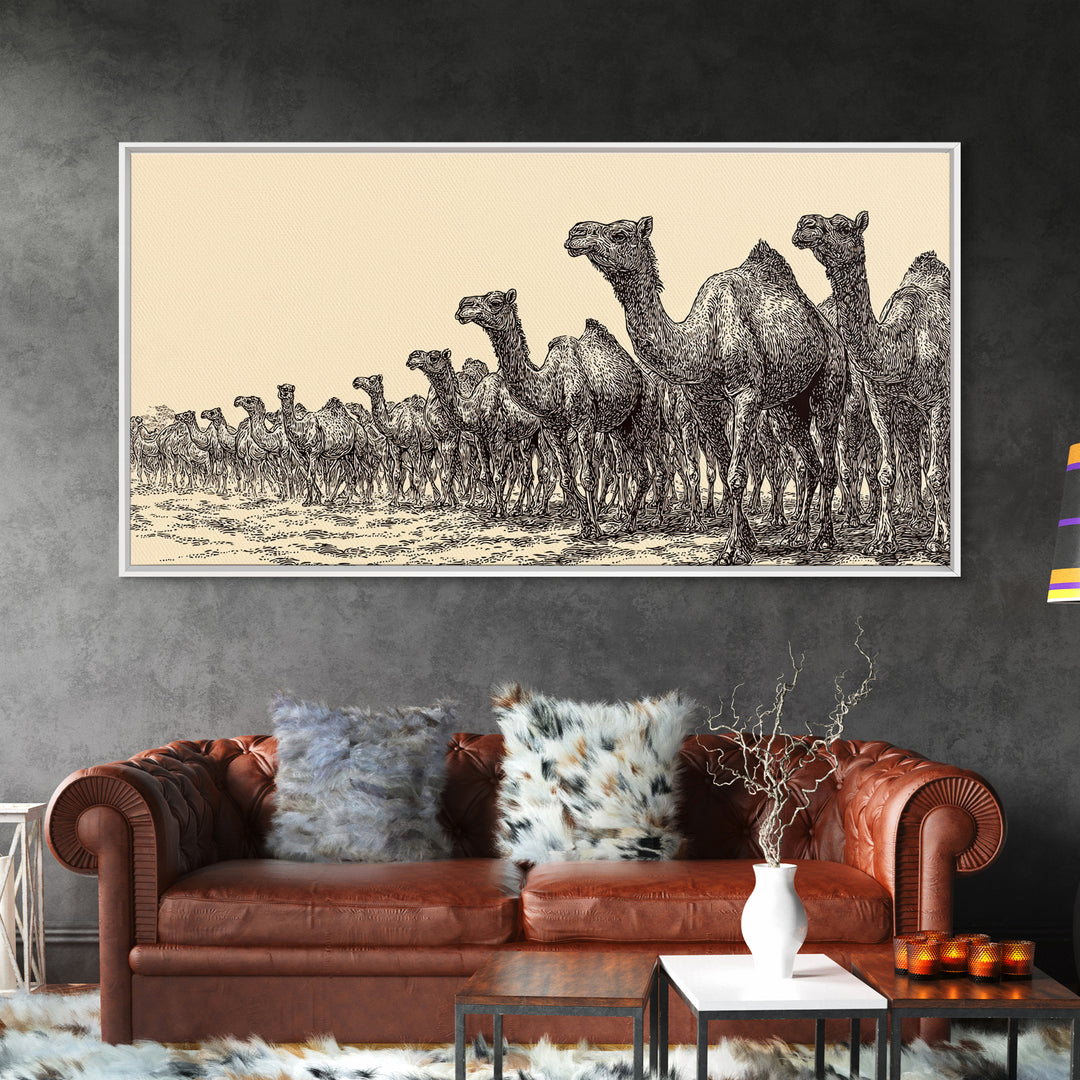 Ink Sketch Camel Herd Across Desert Wall Art, African Safari Art Print, Black And White Tribal Decor, Camel Artwork For Living Room