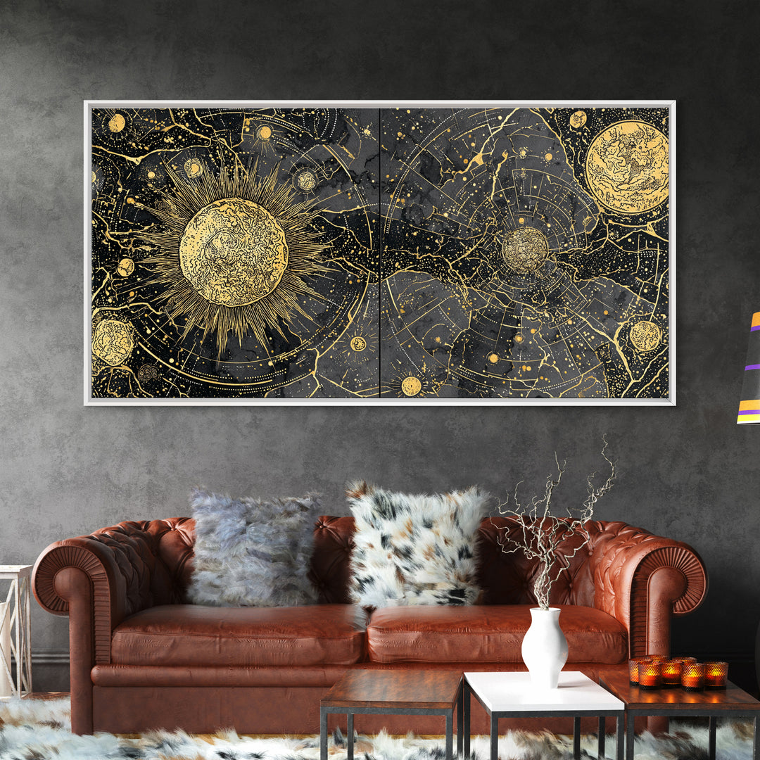 Gold Sun Moon Constellation Map Canvas Print, Celestial African Inspired Wall Art, Black And Gold Spiritual Home Decor Gift