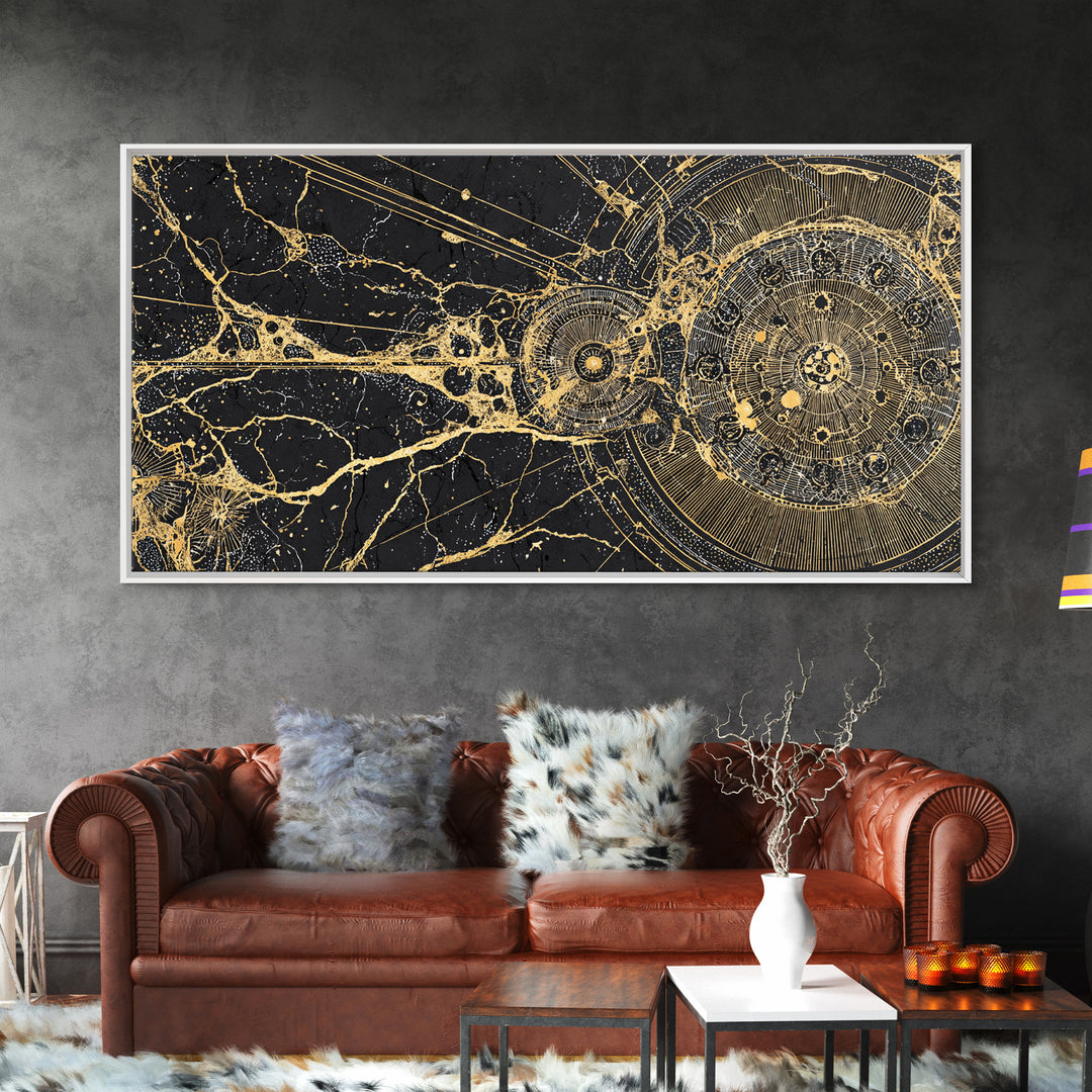 Golden Cosmic Web And Solar Orbit Framed Canvas Print, Abstract Wall Art, Black And Gold Decor, Mystical Astronomy Artwork