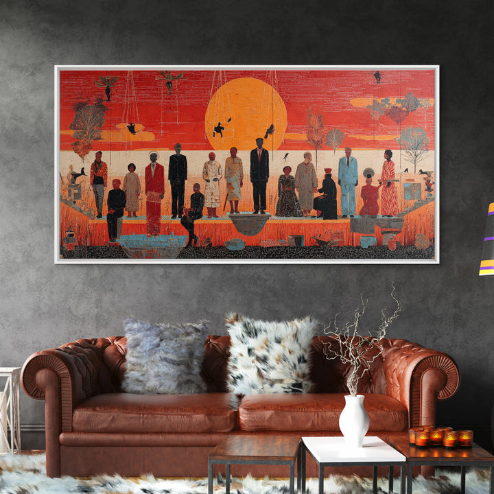 Orange Sunset Gathering With African Figures Wall Art, Black Culture Art, Contemporary Canvas, Statement Living Room Decor