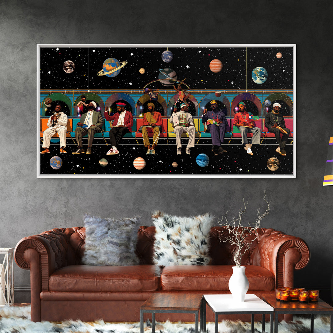 Black Travelers On Cosmic Subway Framed Canvas Print, Afrofuturism Decor, African American Art, Space Wall Decor Gift For Him