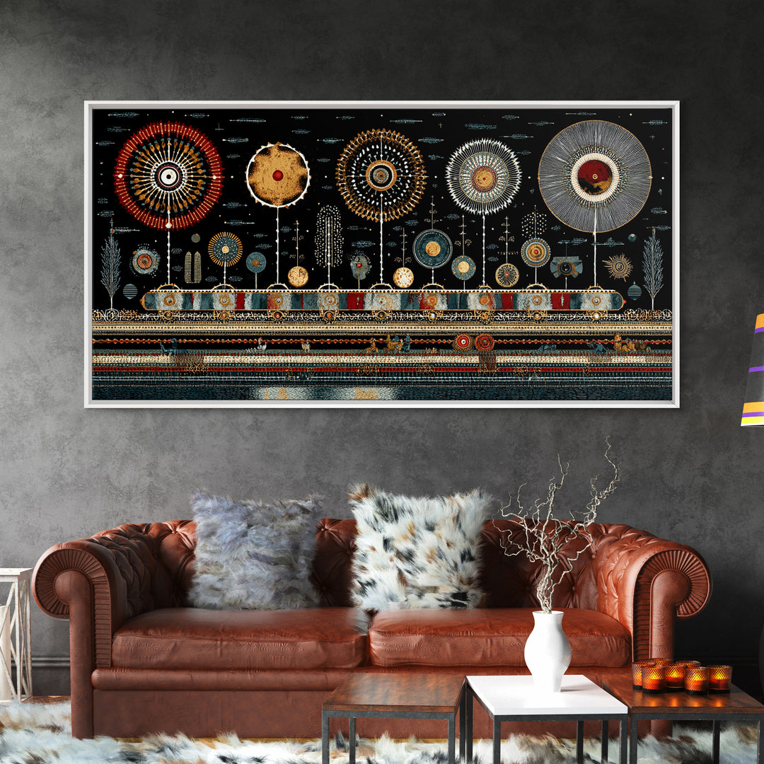 Geometric Tribal Circles And Celestial Symbols Canvas Print, African Patterns, Ethnic Wall Decor, Modern Boho Wall Art Gift