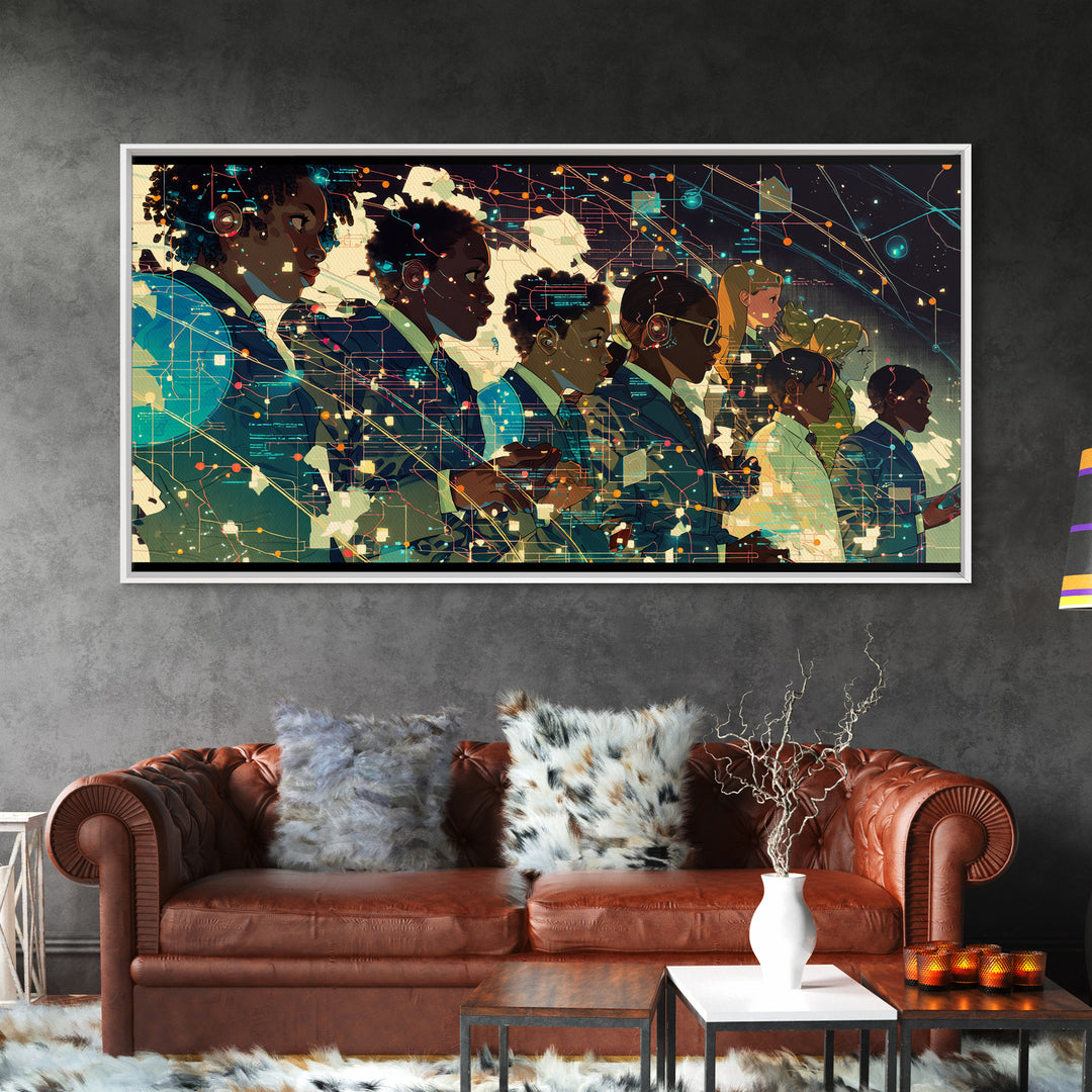 Afrofuturist African Students In Digital Network Canvas Print, Black Girl Art, Modern Black Art, Office Decor, Digital Wall Art