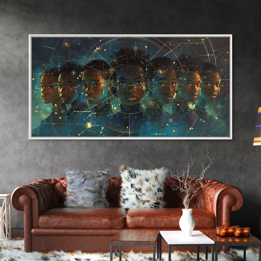 Six Young African Visionaries In Futuristic City Wall Art, Black Boy Art, Afrocentric Art, Modern Portrait Art, Office Decor