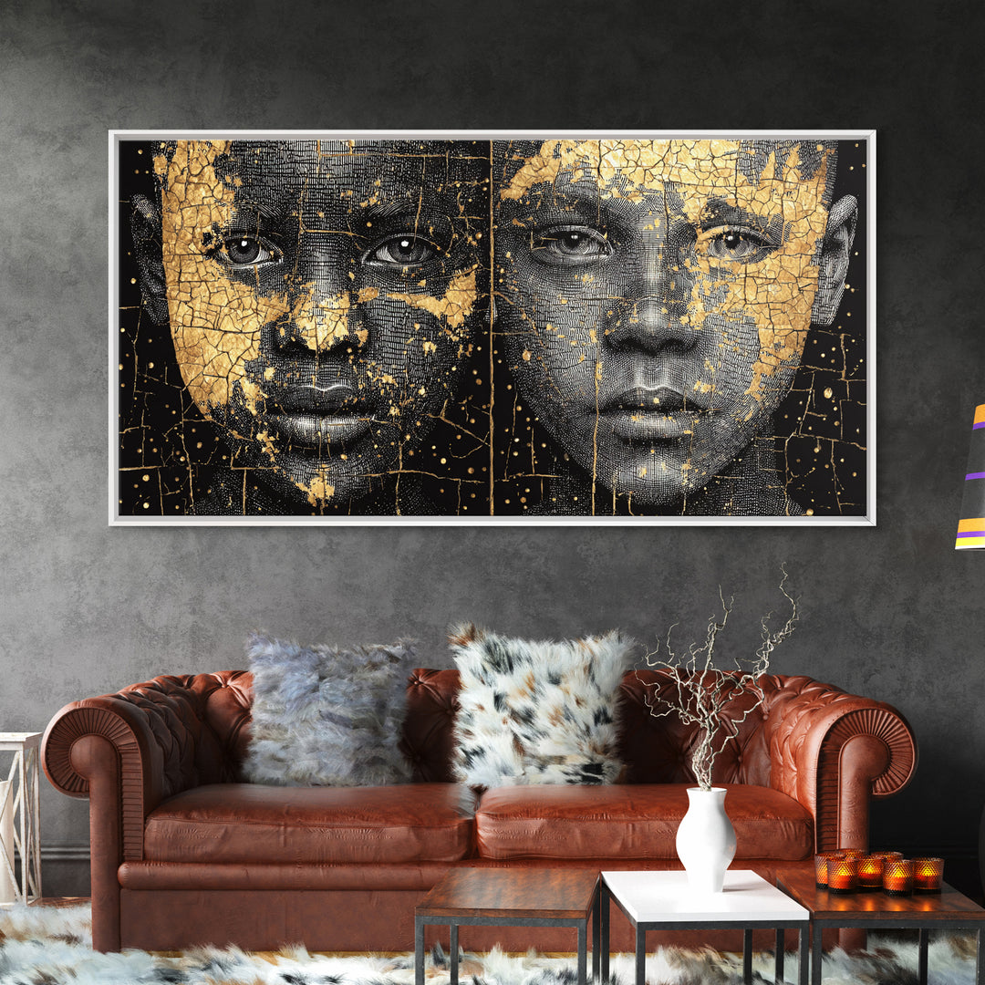 Black Gold African Portrait Diptych Wall Art, Afrocentric Abstract Face Art, Modern Black Culture Decor, Luxury Canvas Print
