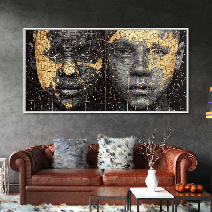 Black Gold African Portrait Diptych Wall Art, Afrocentric Abstract Face Art, Modern Black Culture Decor, Luxury Canvas Print