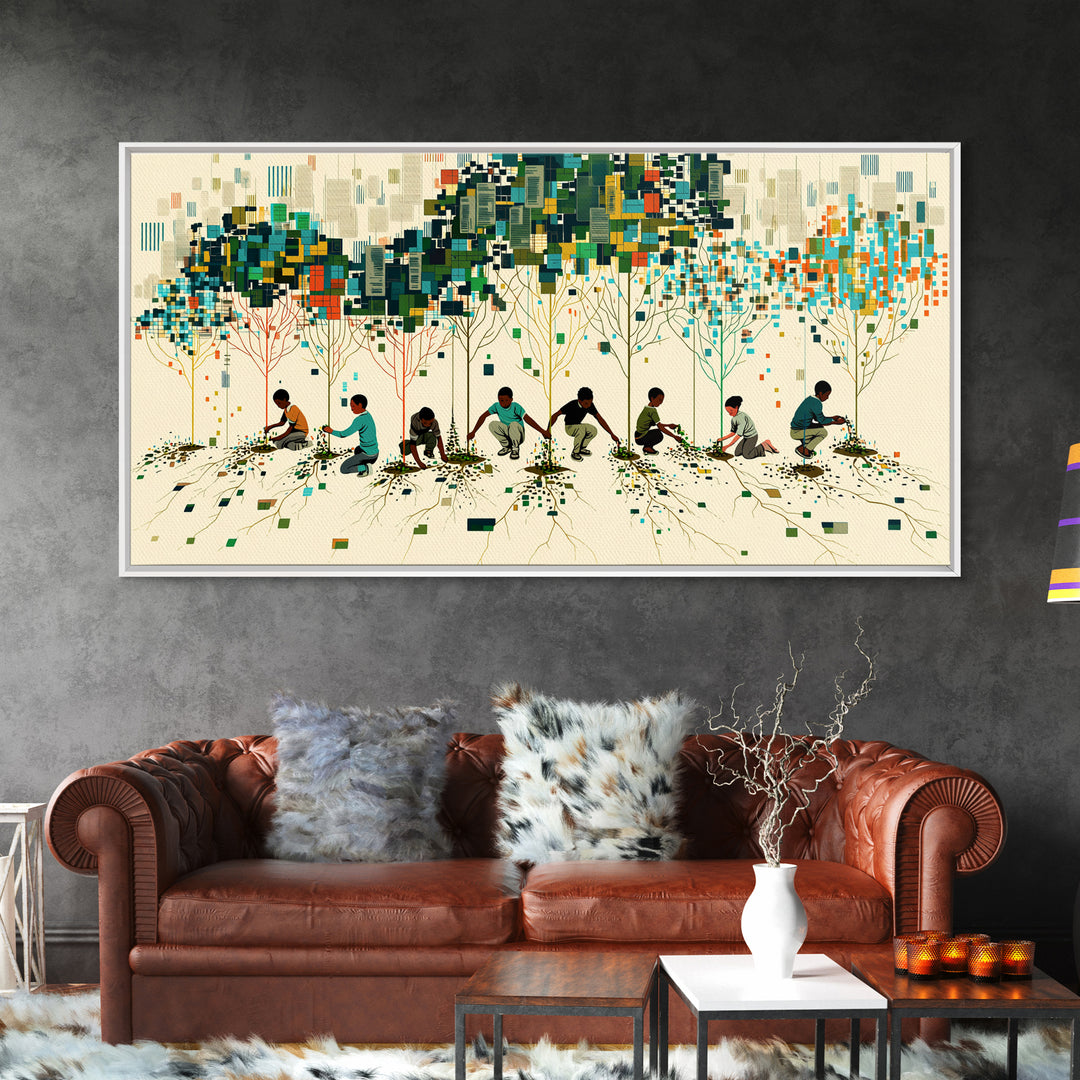Children Planting Digital Forest Wall Art, African Community Tree Artwork, Modern Afrocentric Decor, Eco Living Room Print