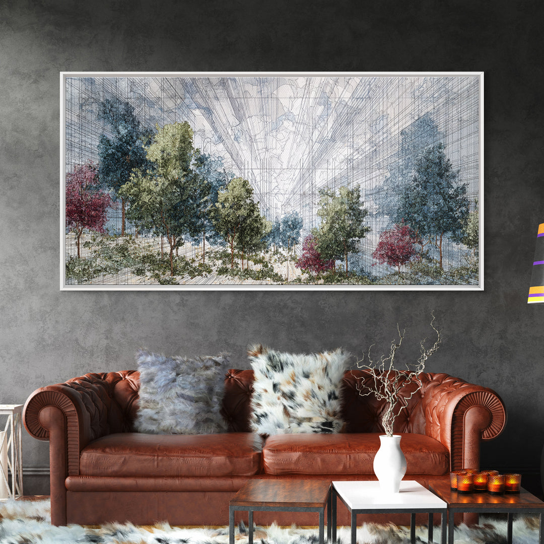 Abstract Urban Forest Canvas Print, Dreamy Nature Scene Art, Modern African Inspired Wall Decor, Blue Green Office Decor