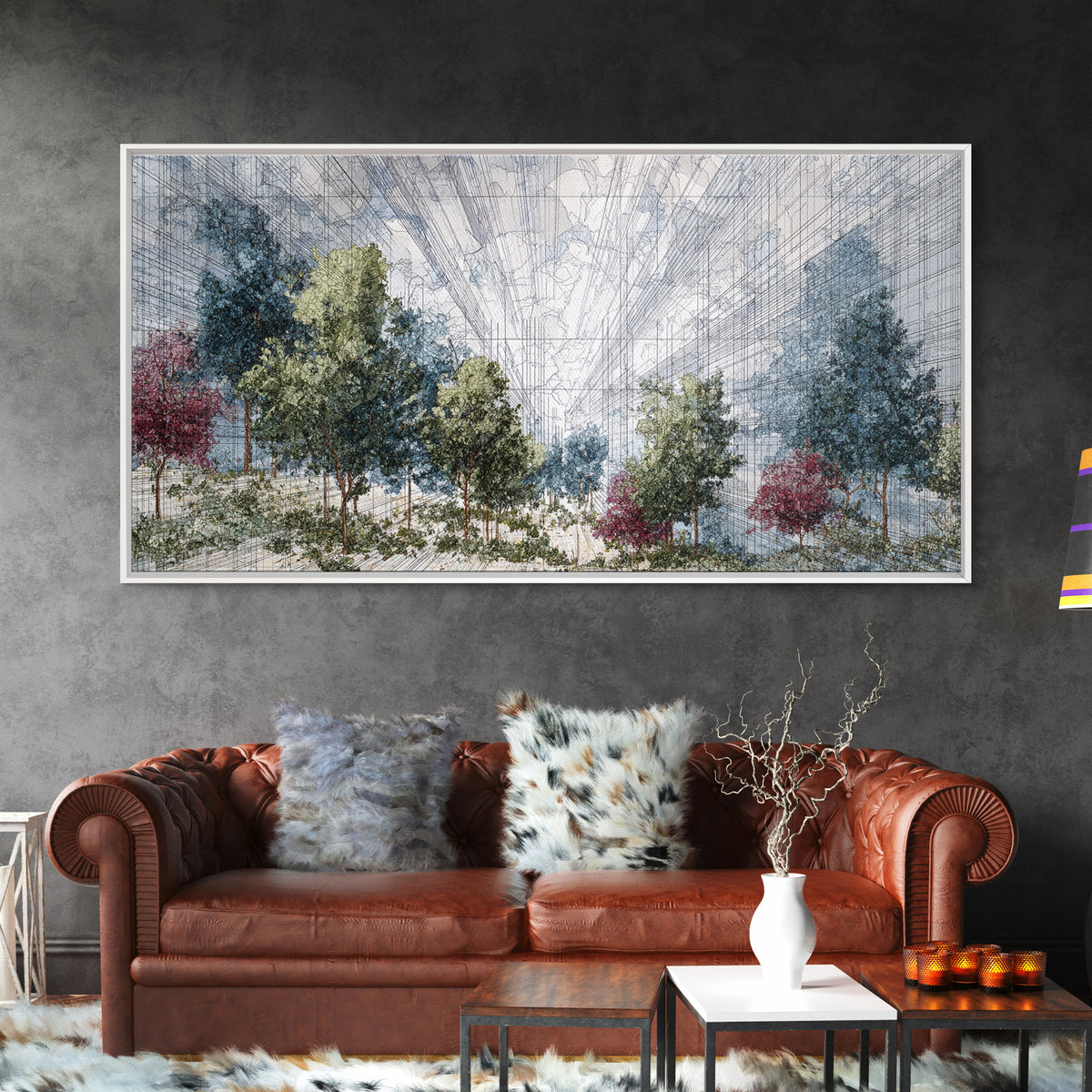 Abstract Urban Forest Canvas Print, Dreamy Nature Scene Art, Modern African Inspired Wall Decor, Blue Green Office Decor