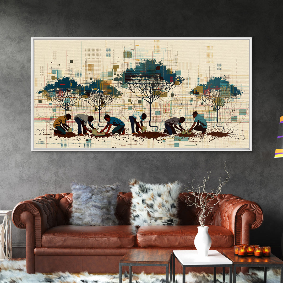 Community Tree Planting Wall Art, African Landscape With Acacia Trees, Modern Afrocentric Print, Cultural Home Decor Gift