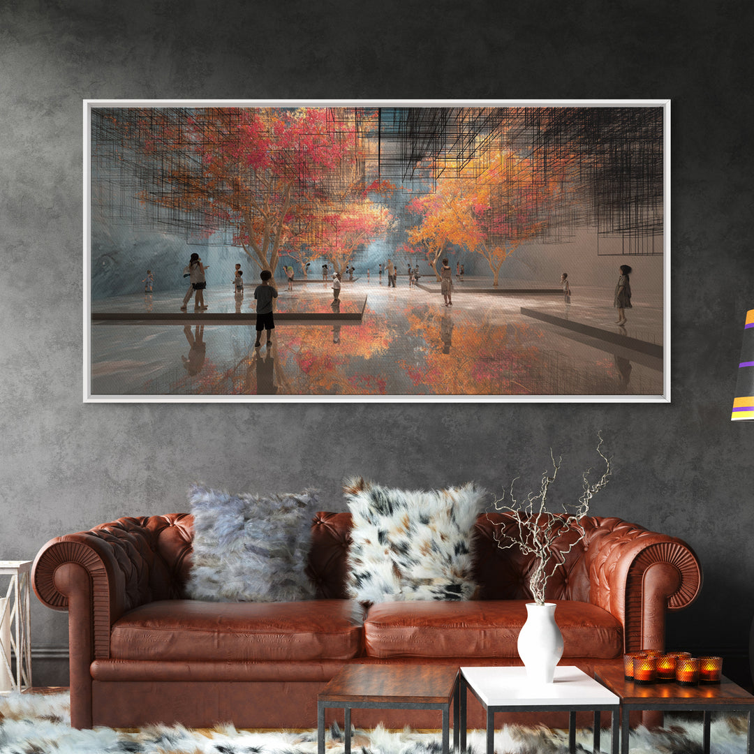 Futuristic Autumn Indoor Park Wall Art, Children In Reflective Gallery, Dreamy Modern Nature Scene, Large Decor Canvas Print