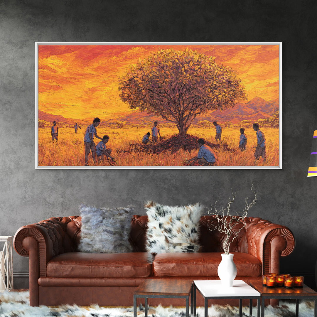 Golden Savanna Tree Framed Canvas Print, African Children Landscape, Sunset Safari Art, Warm Cultural Wall Decor Gift Print