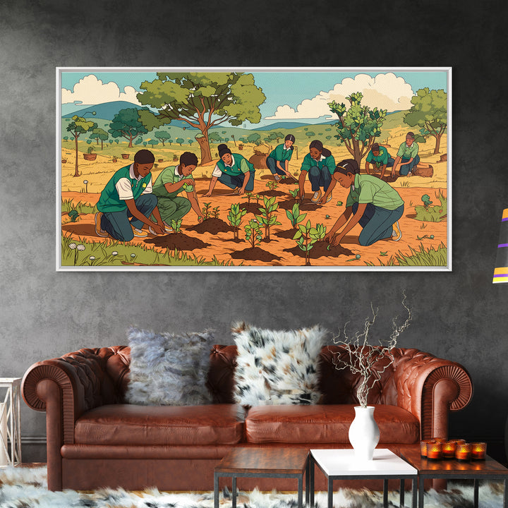 Students Planting Saplings Canvas Print, African Safari Landscape, Youth Garden Artwork, Green Nature Wall Decor Gift For Kids