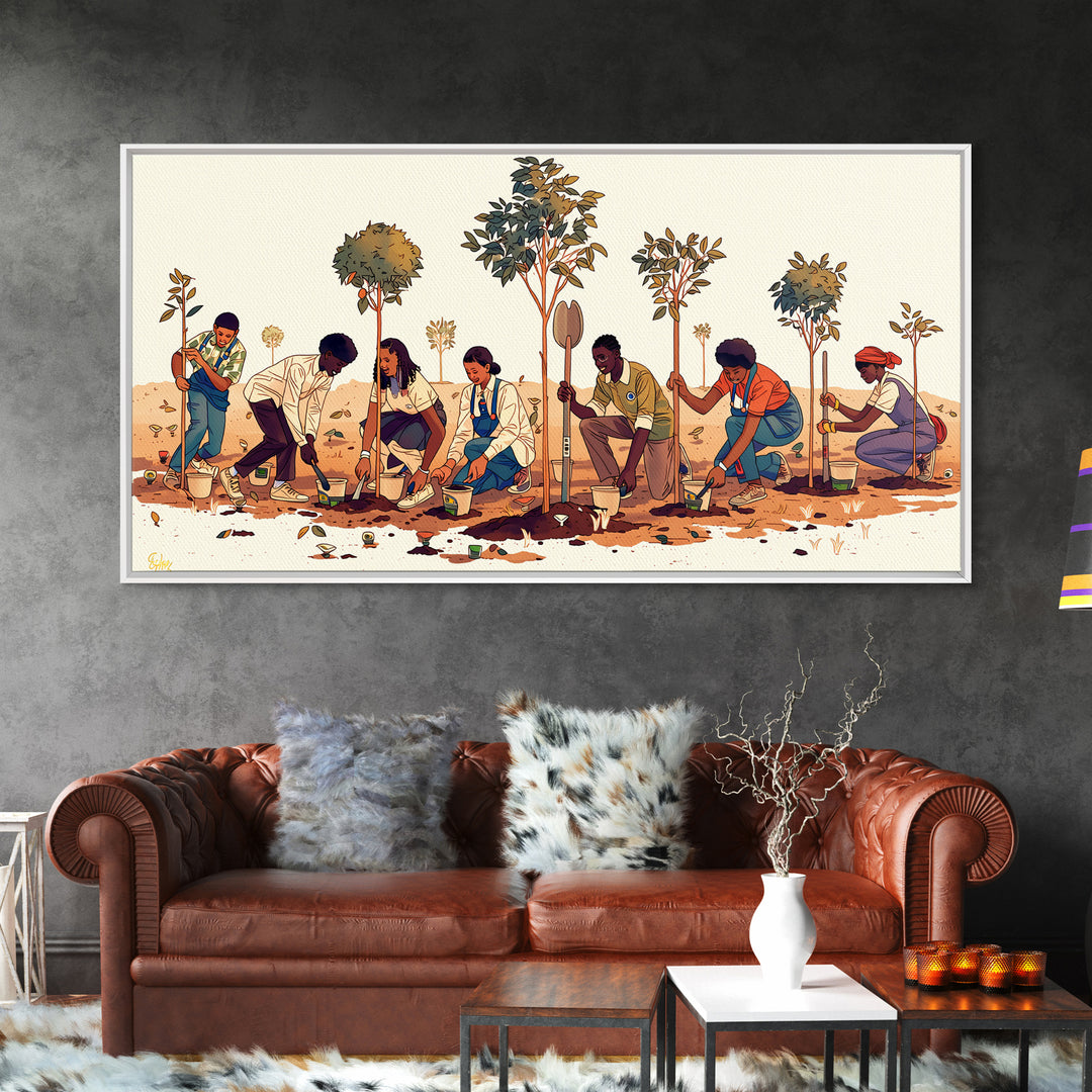 Tree Planting Volunteers Wall Art, African Community Garden Scene, Boho Cultural Artwork, Earth Tone Home Decor Print Gift