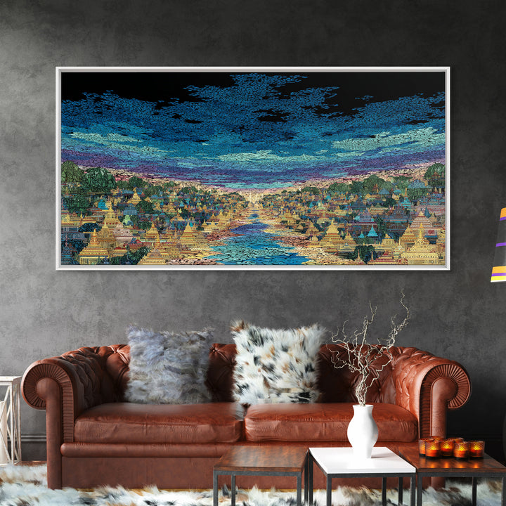Glowing River City Skyline At Twilight Wall Art, African Inspired Landscape, Luxury Canvas Decor, Living Room Statement Gift