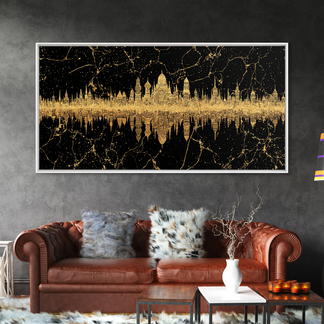 Golden Temple Skyline Reflection Framed Canvas Print, African Inspired Black And Gold Wall Decor, Luxury Statement Art Gift