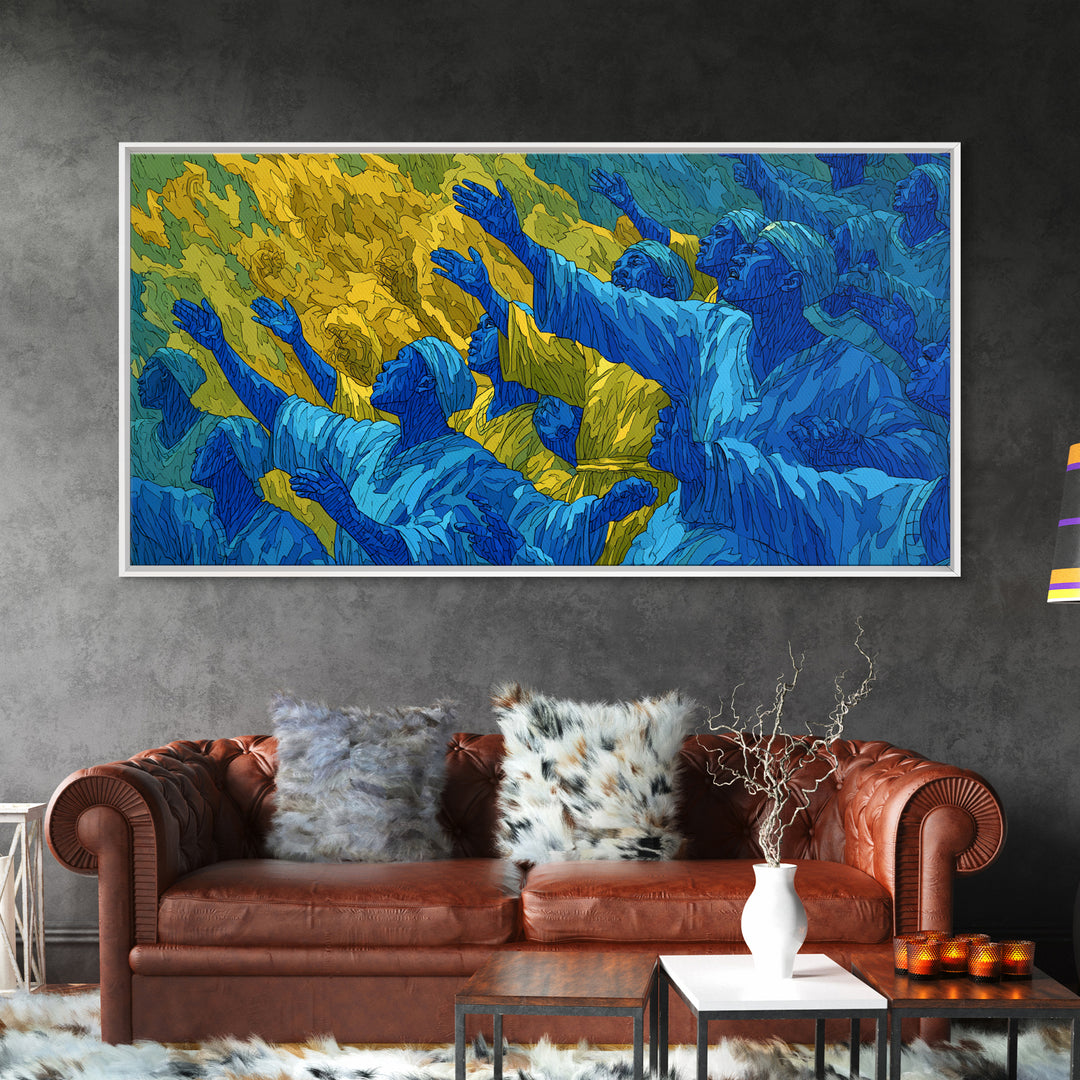 Blue And Gold African Praise Crowd Wall Art, Spiritual Celebration, Afrocentric Cultural Decor, Living Room Home Decor Gift